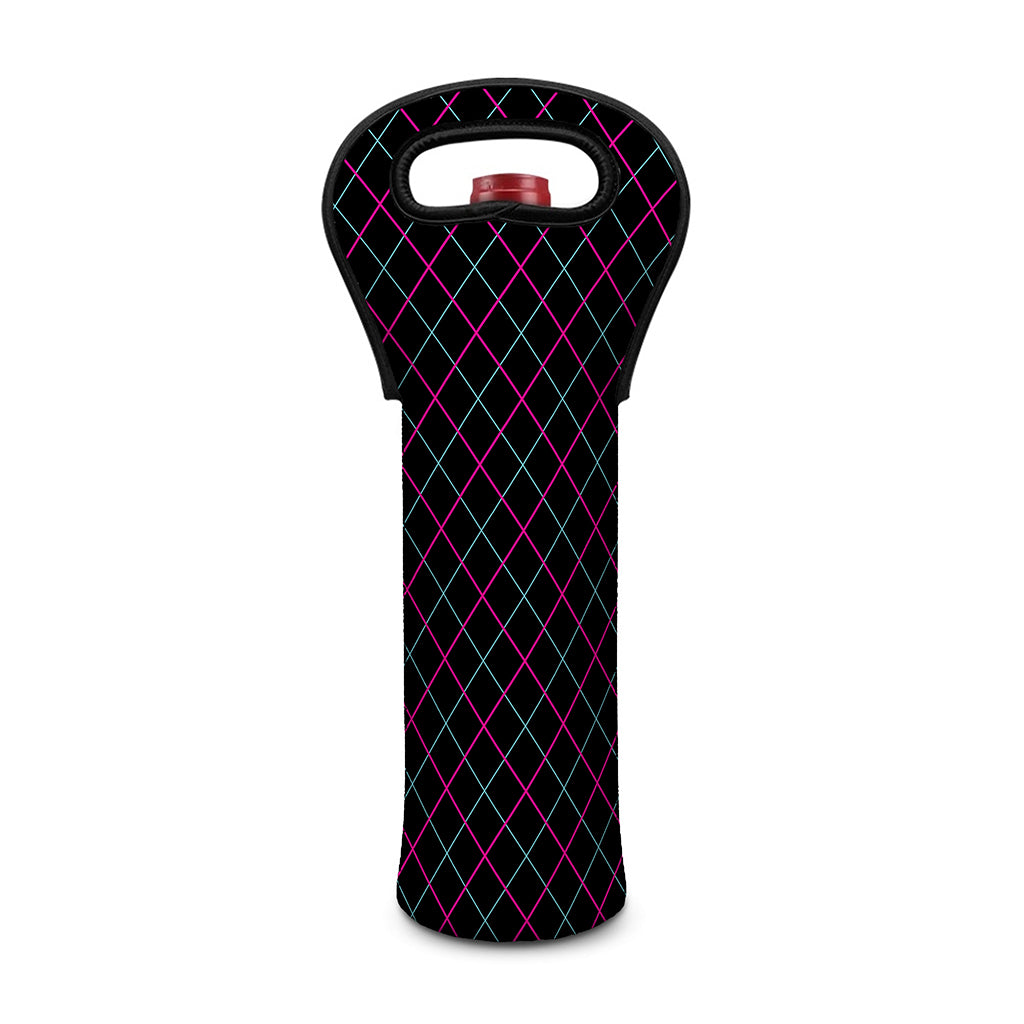 Black Pink And Blue Argyle Pattern Print Single Neoprene Wine Tote