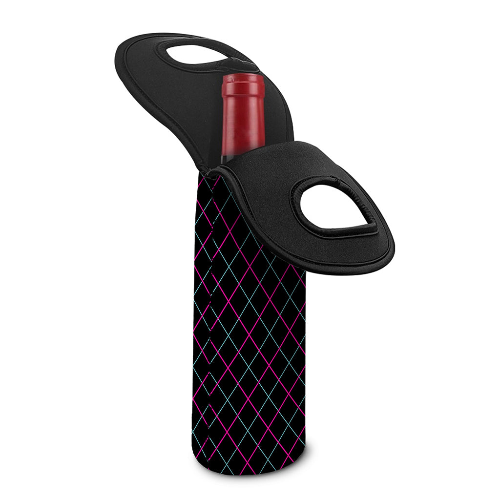 Black Pink And Blue Argyle Pattern Print Single Neoprene Wine Tote