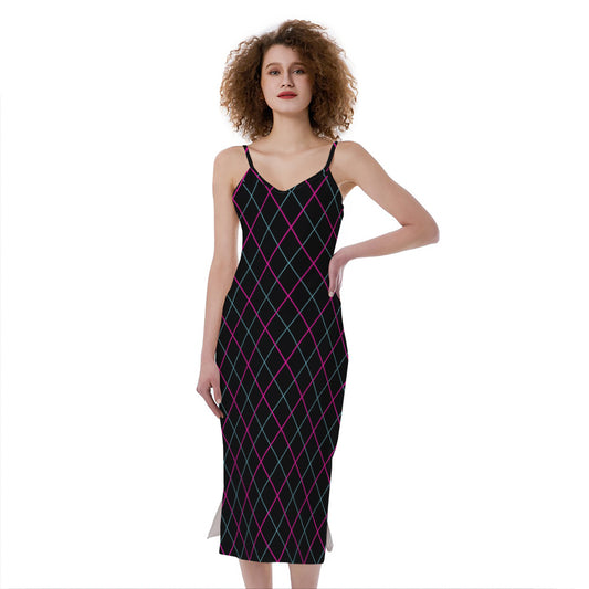 Black Pink And Blue Argyle Pattern Print Slim Fit Midi Cami Dress