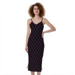 Black Pink And Blue Argyle Pattern Print Slim Fit Midi Cami Dress