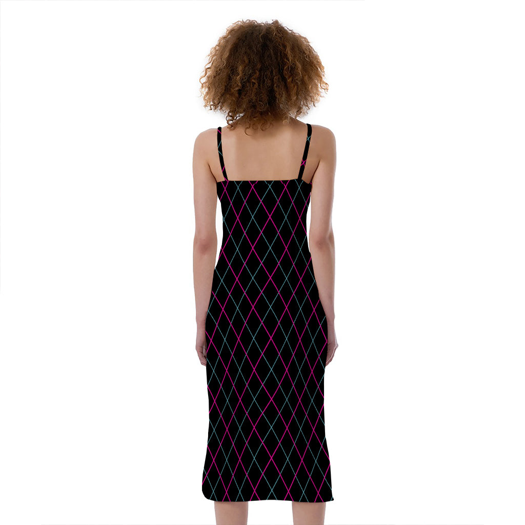 Black Pink And Blue Argyle Pattern Print Slim Fit Midi Cami Dress