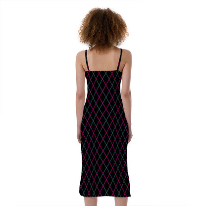 Black Pink And Blue Argyle Pattern Print Slim Fit Midi Cami Dress