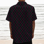 Black Pink And Blue Argyle Pattern Print Textured Short Sleeve Shirt