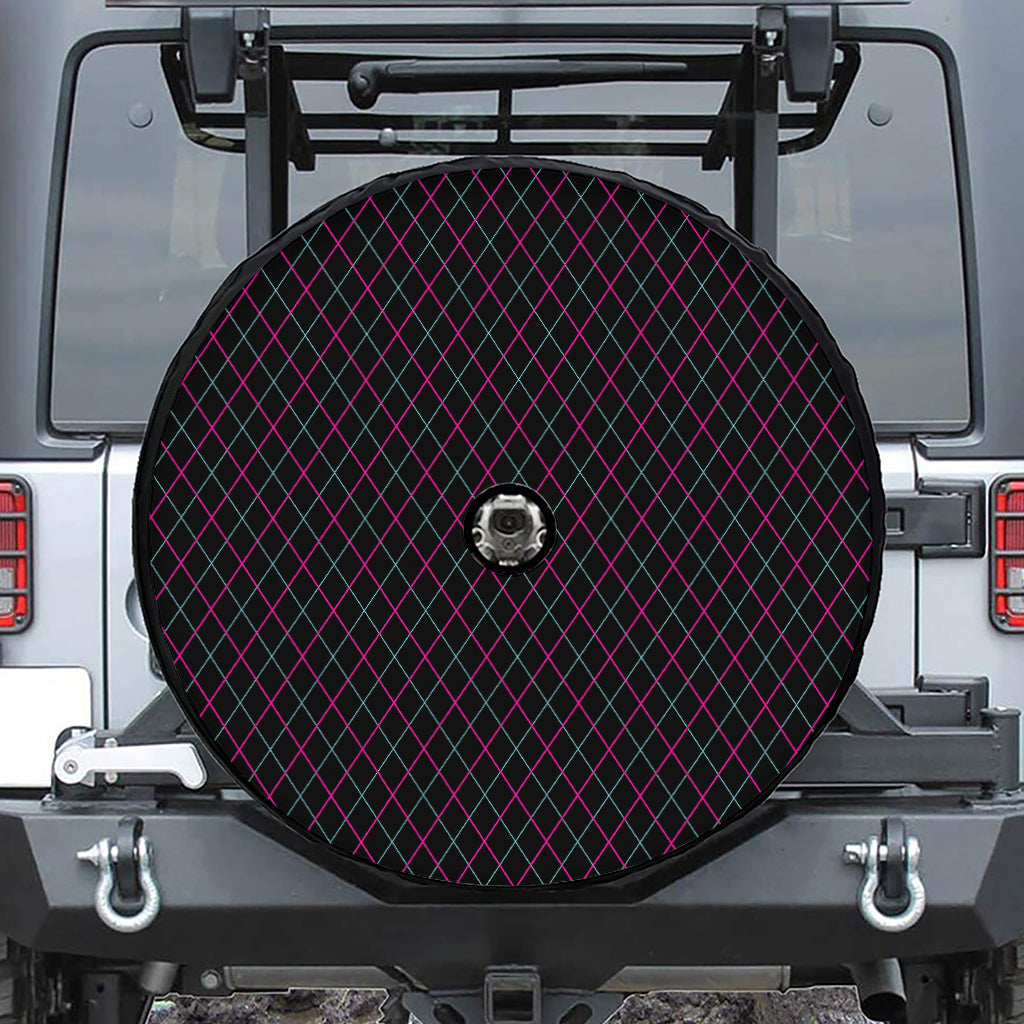 Black Pink And Blue Argyle Pattern Print Tire Cover With Camera Hole