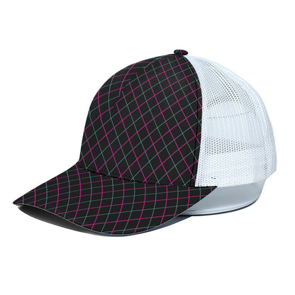 Black Pink And Blue Argyle Pattern Print White Mesh Trucker Cap
