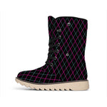 Black Pink And Blue Argyle Pattern Print Winter Boots
