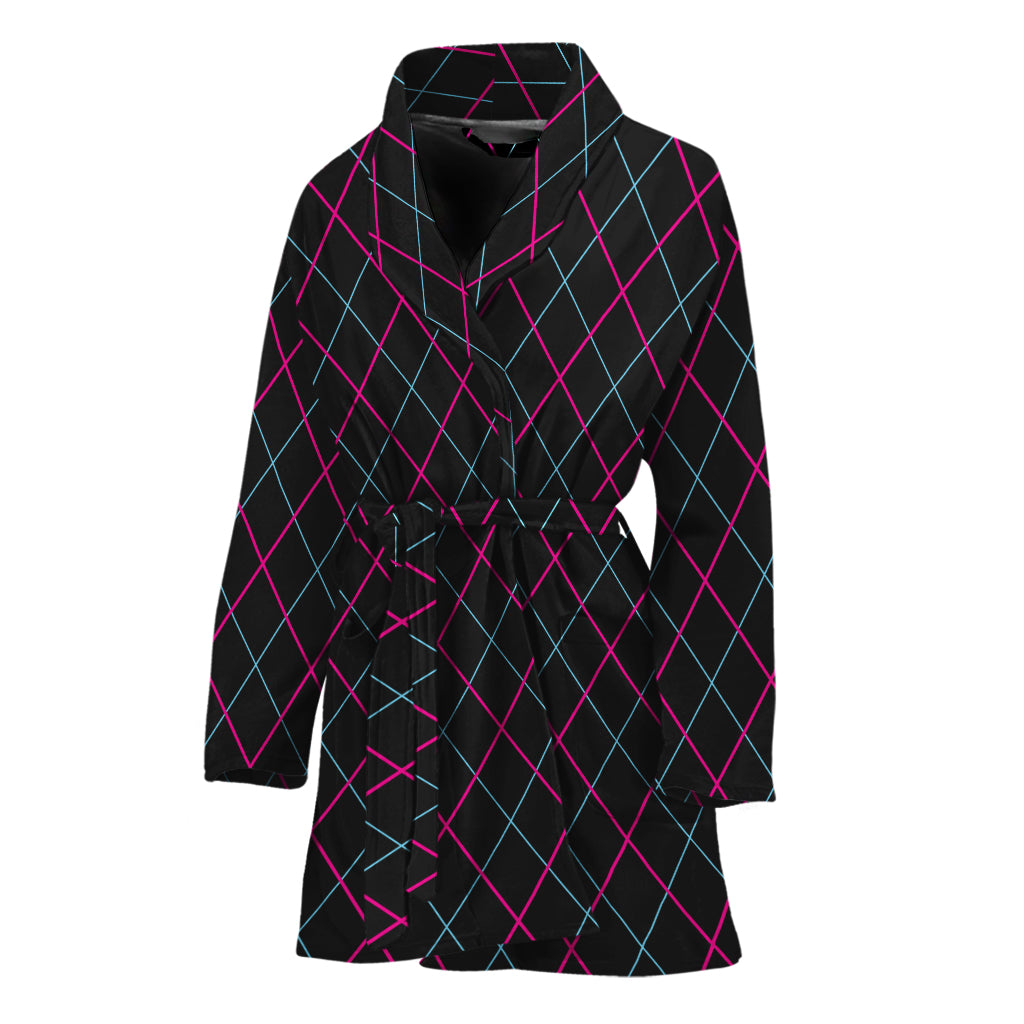 Black Pink And Blue Argyle Pattern Print Women's Bathrobe