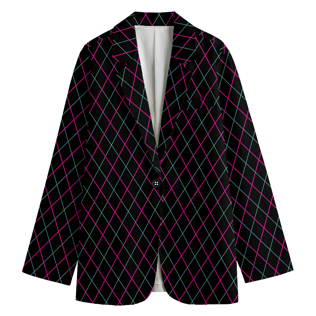Black Pink And Blue Argyle Pattern Print Women's Cotton Blazer