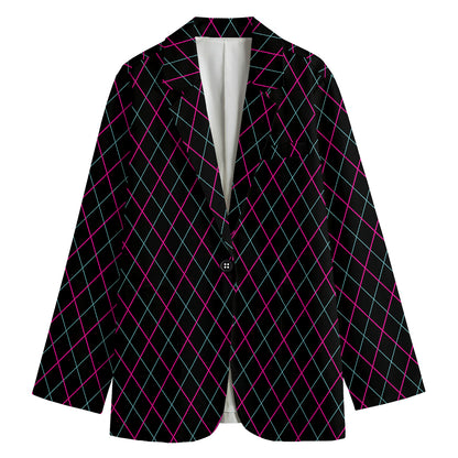 Black Pink And Blue Argyle Pattern Print Women's Cotton Blazer