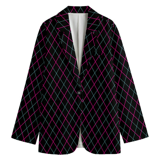 Black Pink And Blue Argyle Pattern Print Women's Cotton Blazer