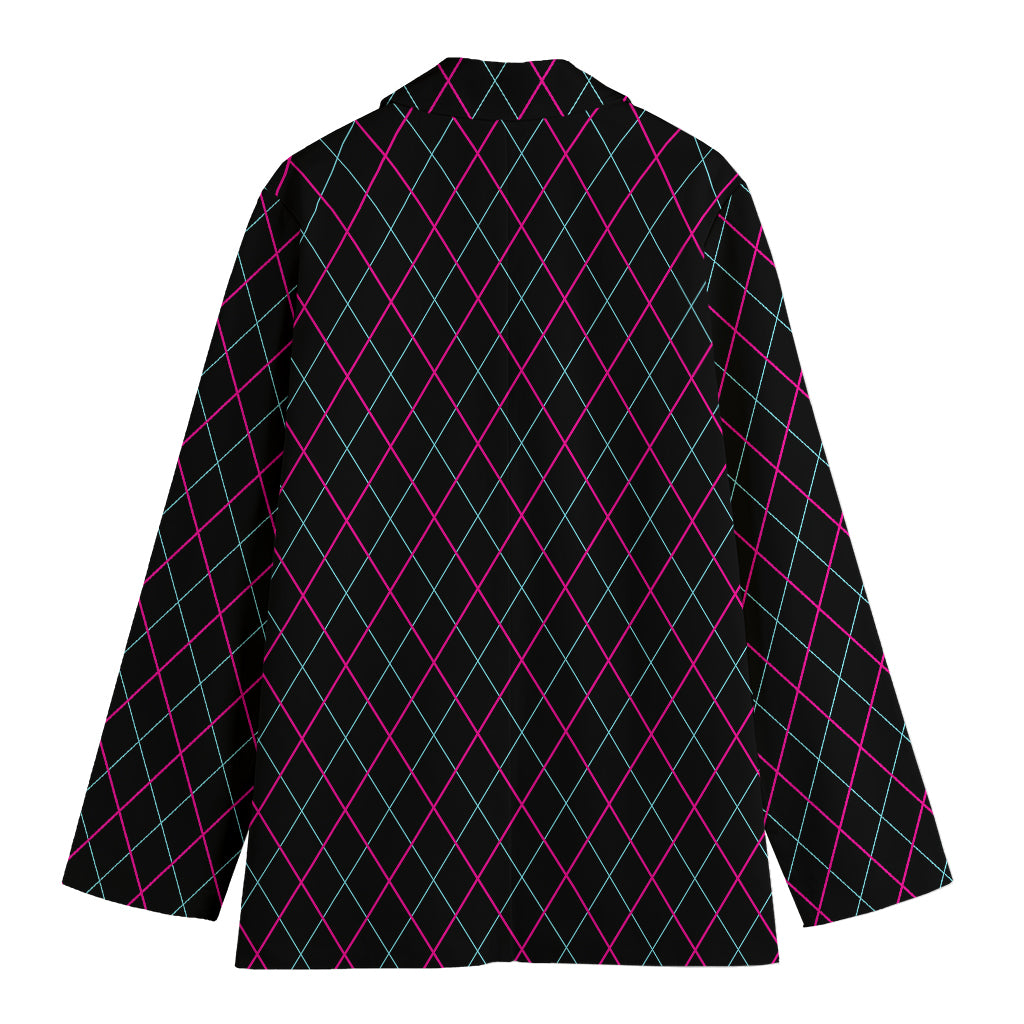 Black Pink And Blue Argyle Pattern Print Women's Cotton Blazer