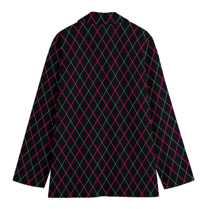 Black Pink And Blue Argyle Pattern Print Women's Cotton Blazer