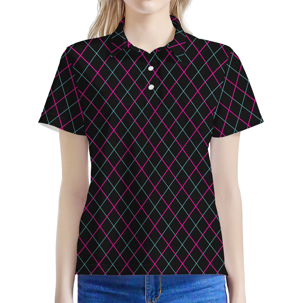 Black Pink And Blue Argyle Pattern Print Women's Polo Shirt