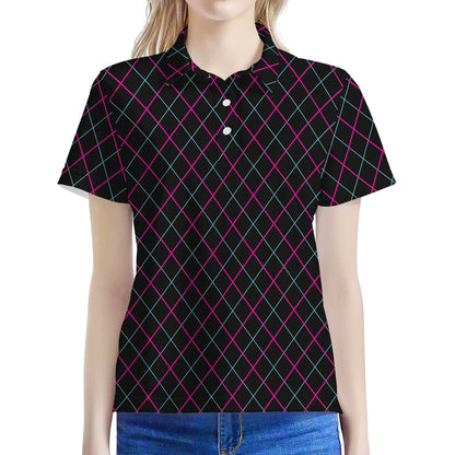 Black Pink And Blue Argyle Pattern Print Women's Polo Shirt