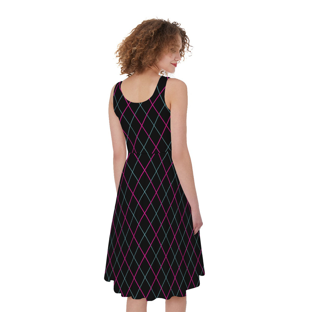 Black Pink And Blue Argyle Pattern Print Women's Sleeveless Dress