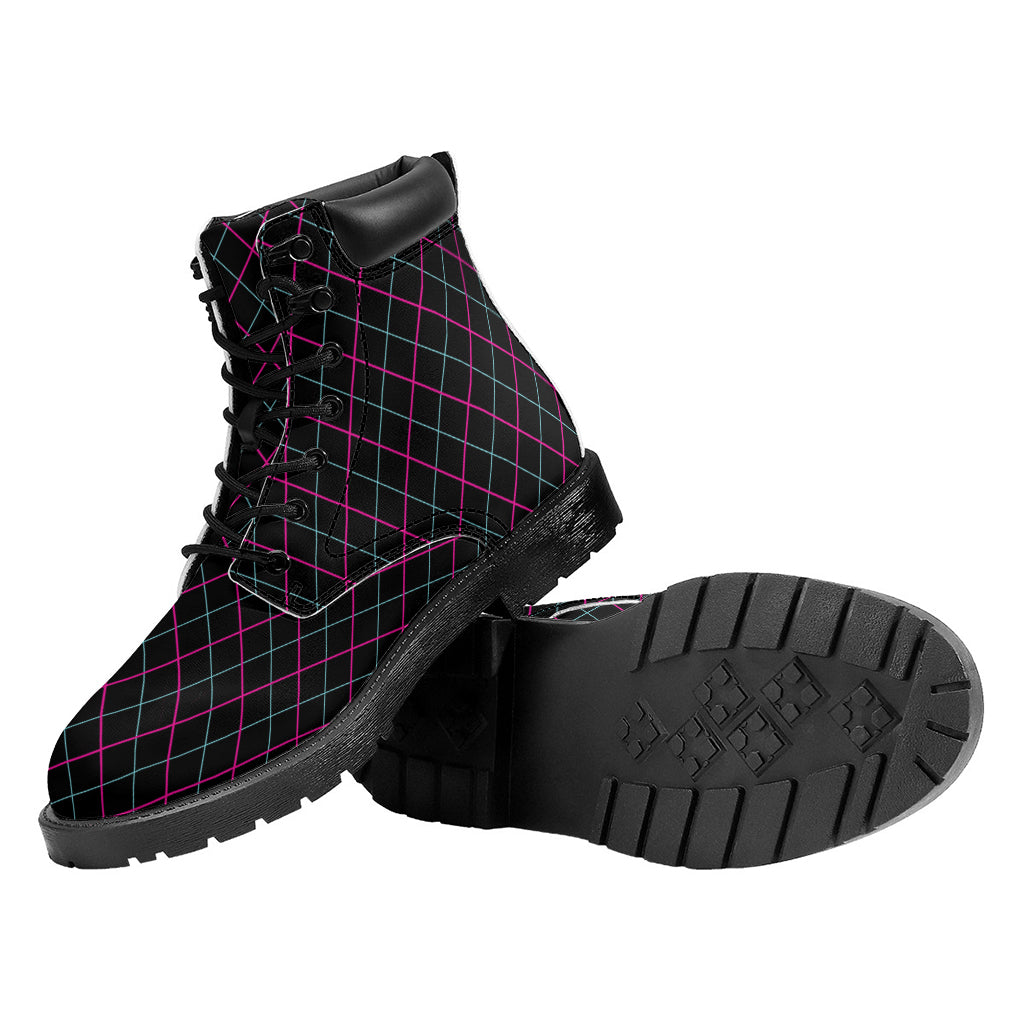 Black Pink And Blue Argyle Pattern Print Work Boots