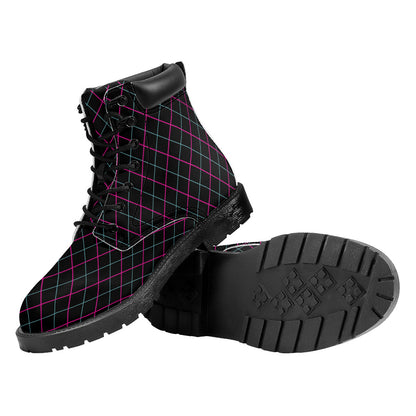 Black Pink And Blue Argyle Pattern Print Work Boots