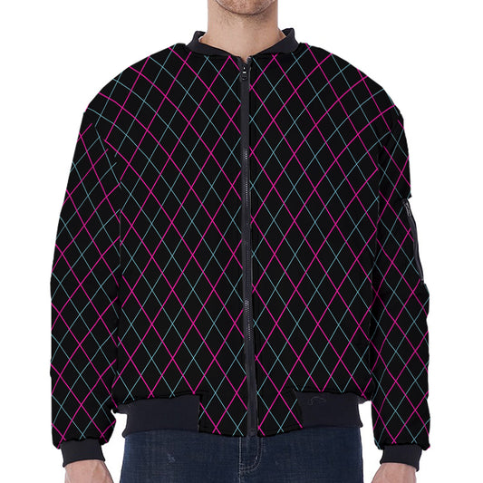 Black Pink And Blue Argyle Pattern Print Zip Sleeve Bomber Jacket