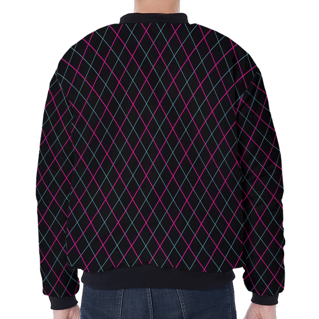 Black Pink And Blue Argyle Pattern Print Zip Sleeve Bomber Jacket