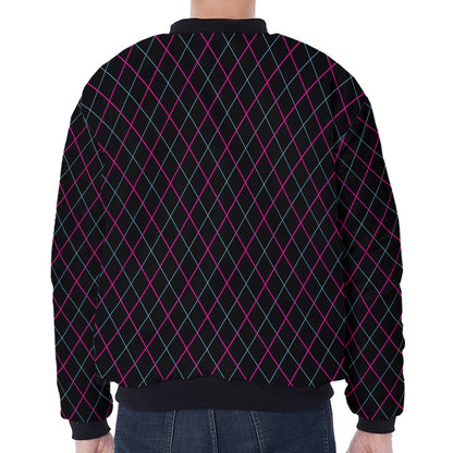 Black Pink And Blue Argyle Pattern Print Zip Sleeve Bomber Jacket