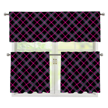 Black Pink And Blue Tartan Pattern Print 3 Piece Kitchen Curtains