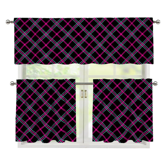 Black Pink And Blue Tartan Pattern Print 3 Piece Kitchen Curtains