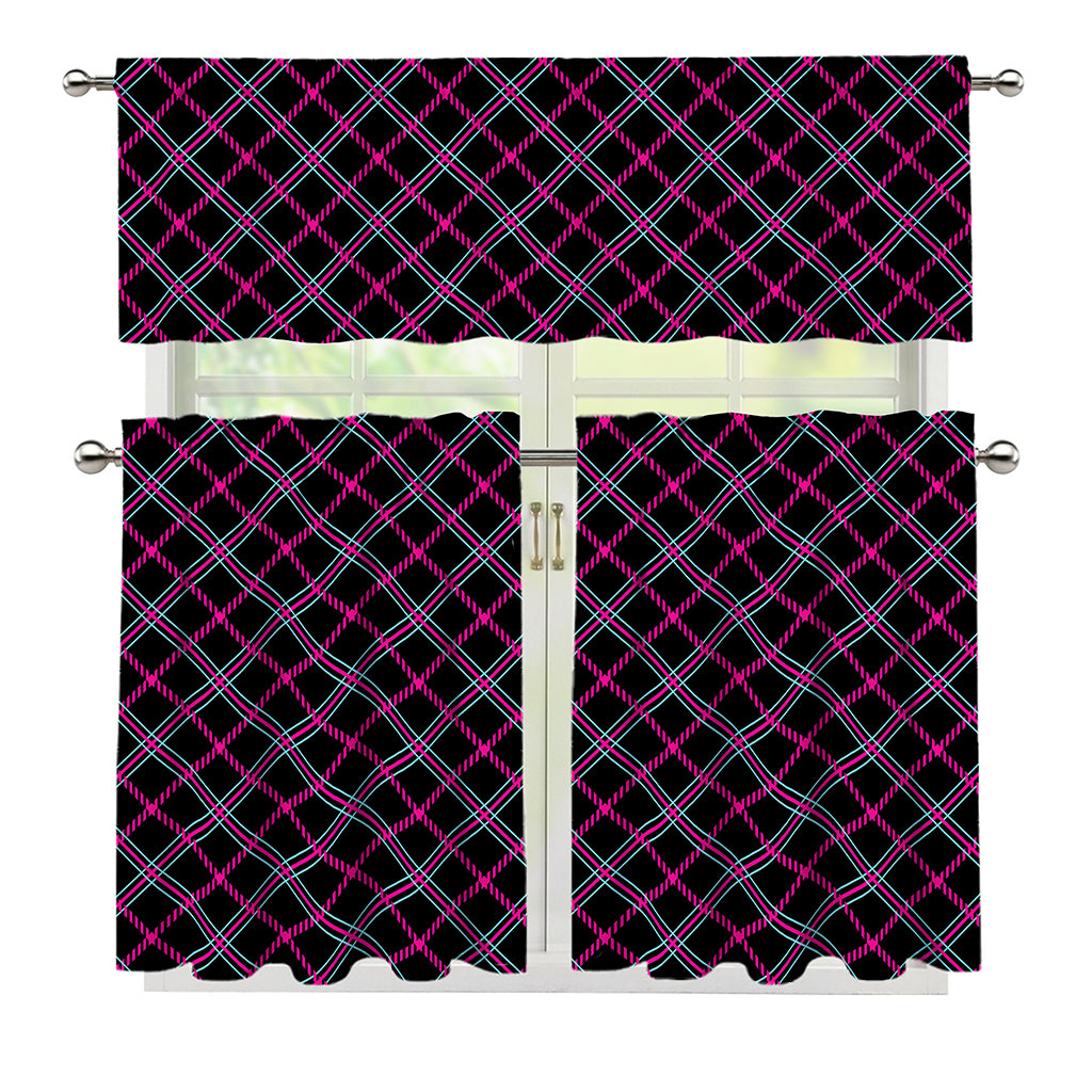 Black Pink And Blue Tartan Pattern Print 3 Piece Kitchen Curtains