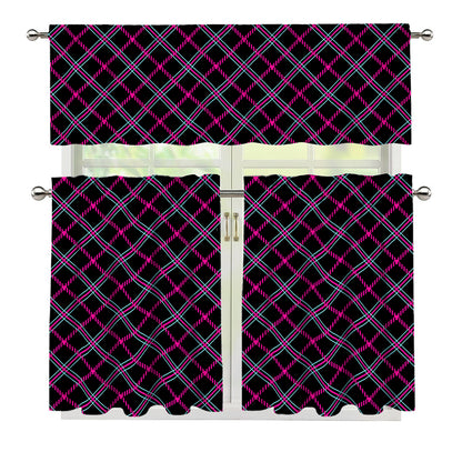 Black Pink And Blue Tartan Pattern Print 3 Piece Kitchen Curtains