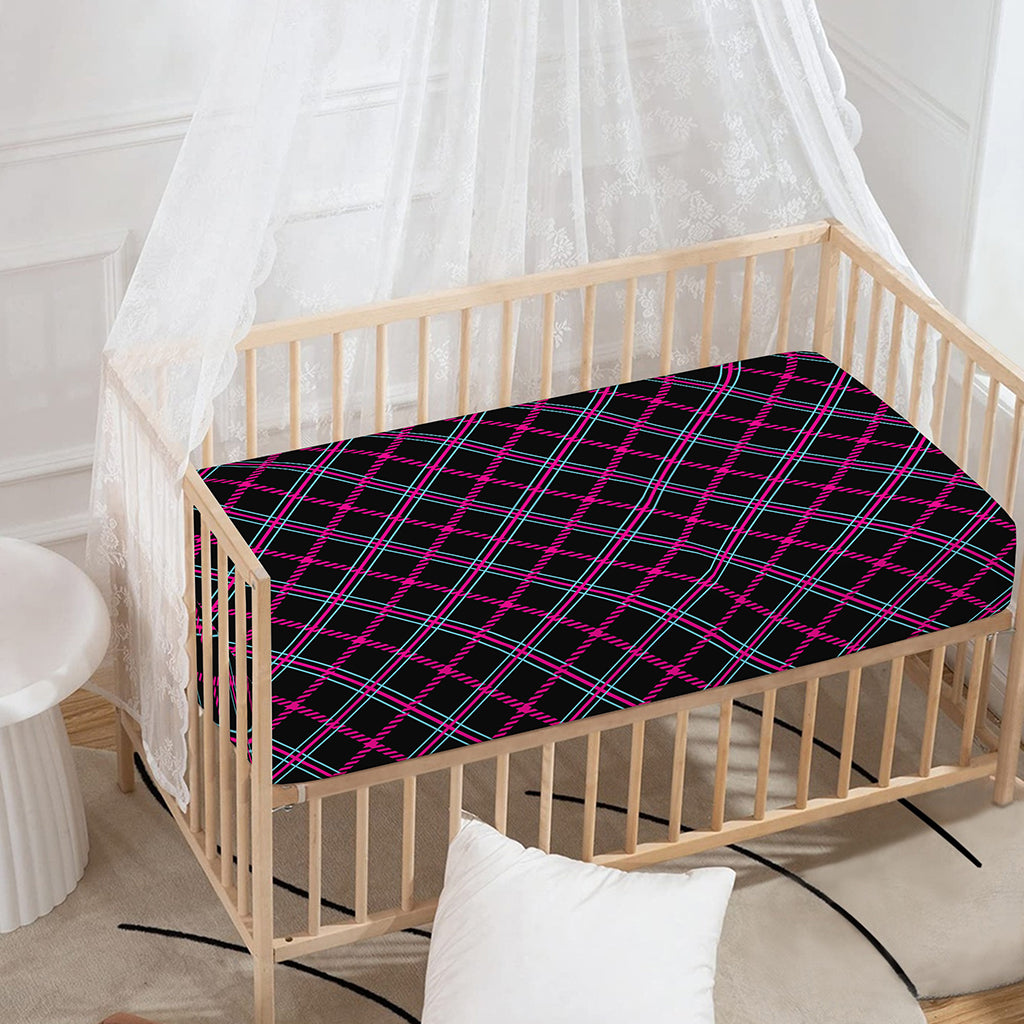 Black Pink And Blue Tartan Pattern Print Baby Crib Sheet