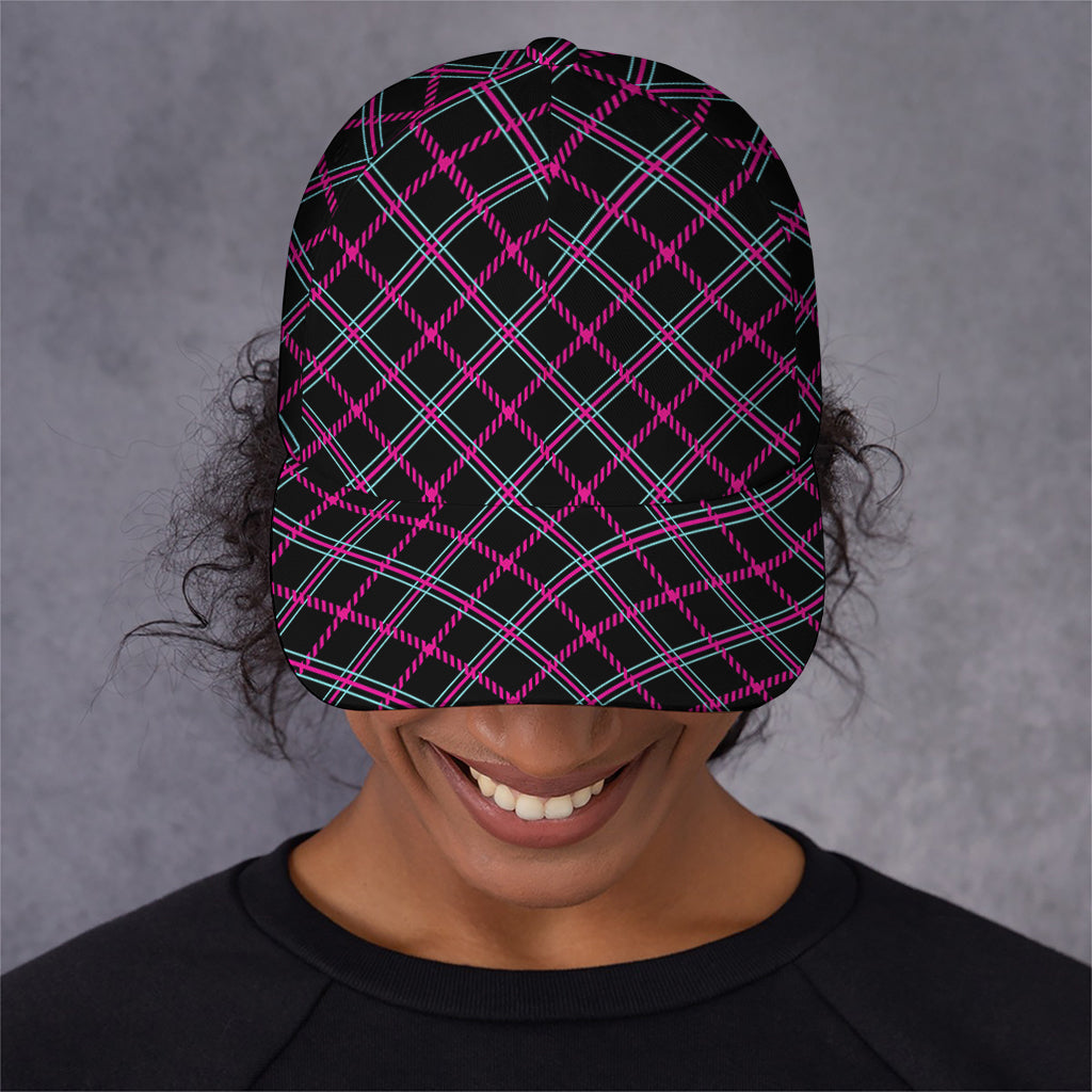 Black Pink And Blue Tartan Pattern Print Baseball Cap