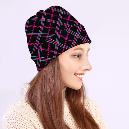 Black Pink And Blue Tartan Pattern Print Beanie