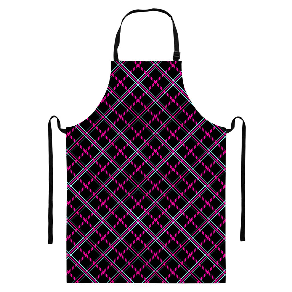 Black Pink And Blue Tartan Pattern Print Bib Apron With Pocket