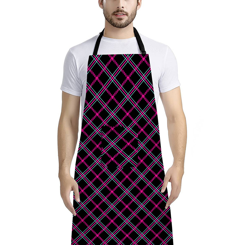 Black Pink And Blue Tartan Pattern Print Bib Apron With Pocket
