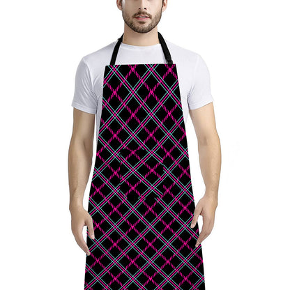 Black Pink And Blue Tartan Pattern Print Bib Apron With Pocket