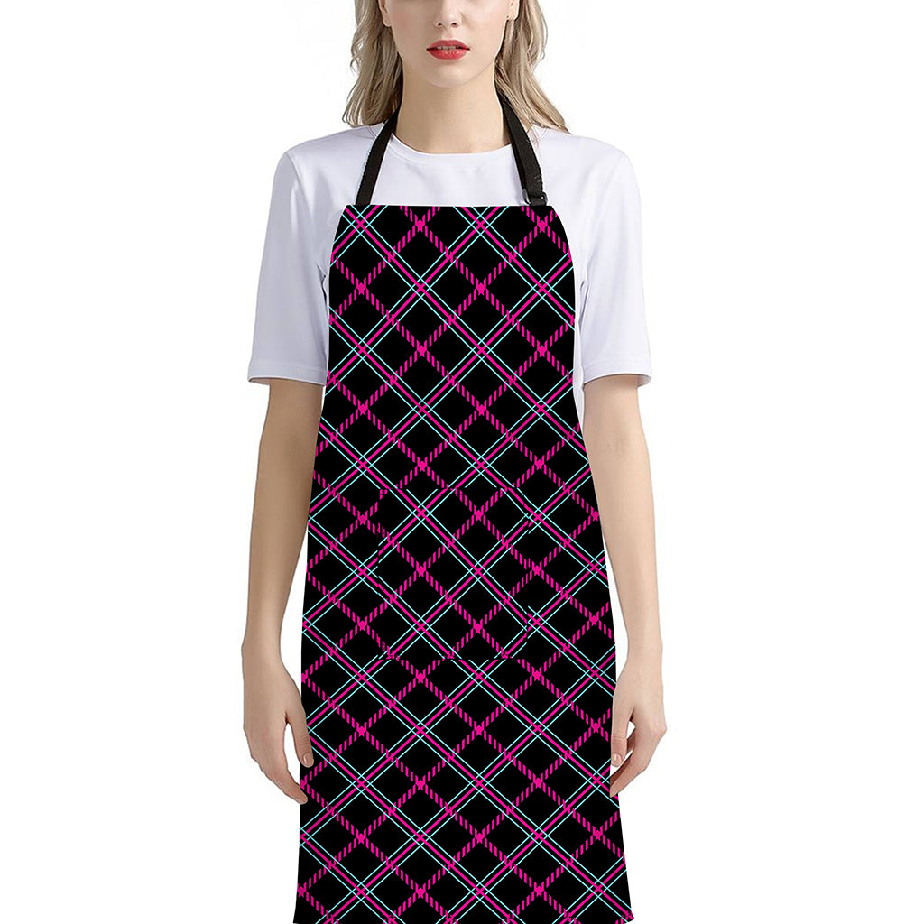 Black Pink And Blue Tartan Pattern Print Bib Apron With Pocket