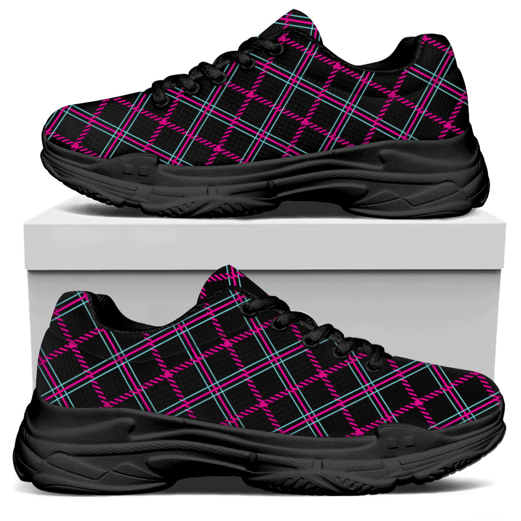 Black Pink And Blue Tartan Pattern Print Black Chunky Shoes