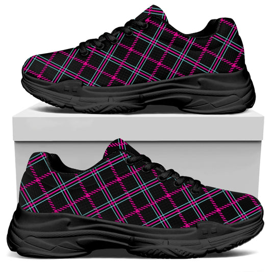 Black Pink And Blue Tartan Pattern Print Black Chunky Shoes