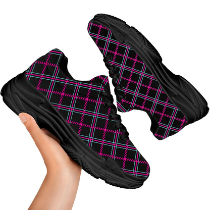 Black Pink And Blue Tartan Pattern Print Black Chunky Shoes