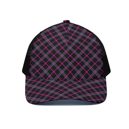 Black Pink And Blue Tartan Pattern Print Black Mesh Trucker Cap