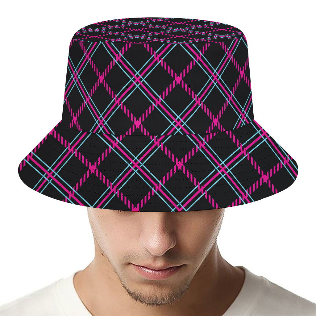 Black Pink And Blue Tartan Pattern Print Bucket Hat