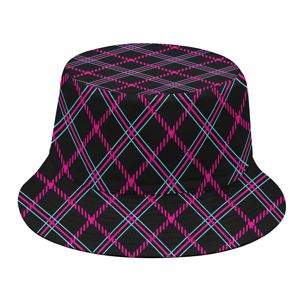 Black Pink And Blue Tartan Pattern Print Bucket Hat