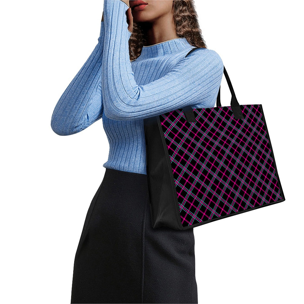 Black Pink And Blue Tartan Pattern Print Canvas Tote Bag