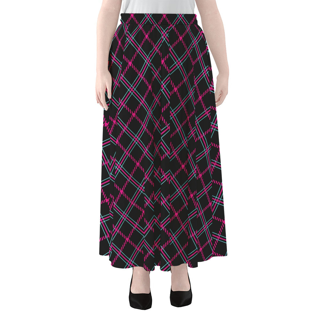 Black Pink And Blue Tartan Pattern Print Chiffon Maxi Skirt
