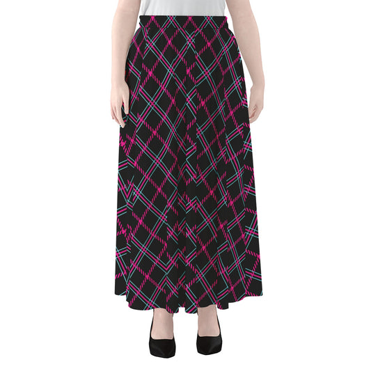 Black Pink And Blue Tartan Pattern Print Chiffon Maxi Skirt