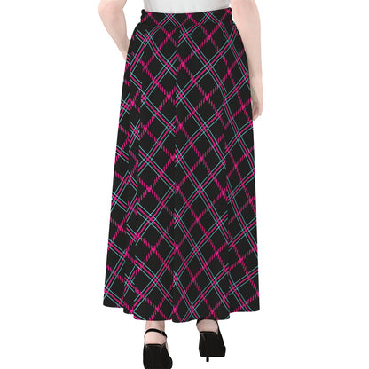 Black Pink And Blue Tartan Pattern Print Chiffon Maxi Skirt