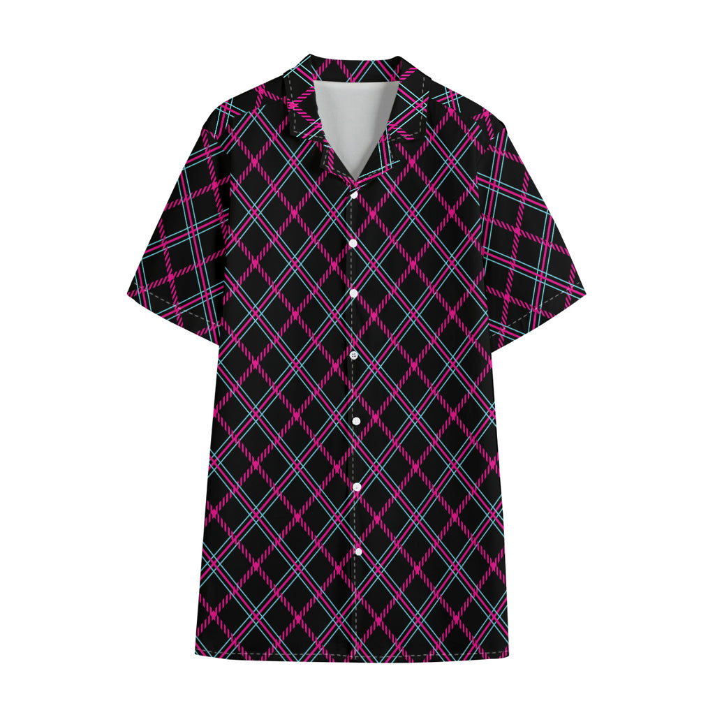Black Pink And Blue Tartan Pattern Print Cotton Hawaiian Shirt