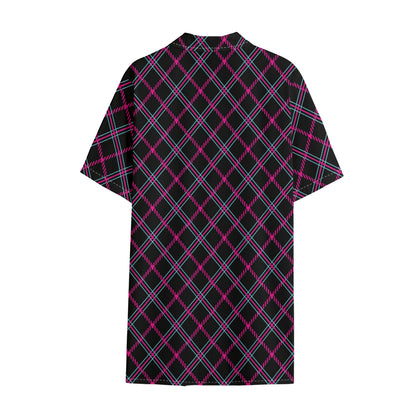 Black Pink And Blue Tartan Pattern Print Cotton Hawaiian Shirt