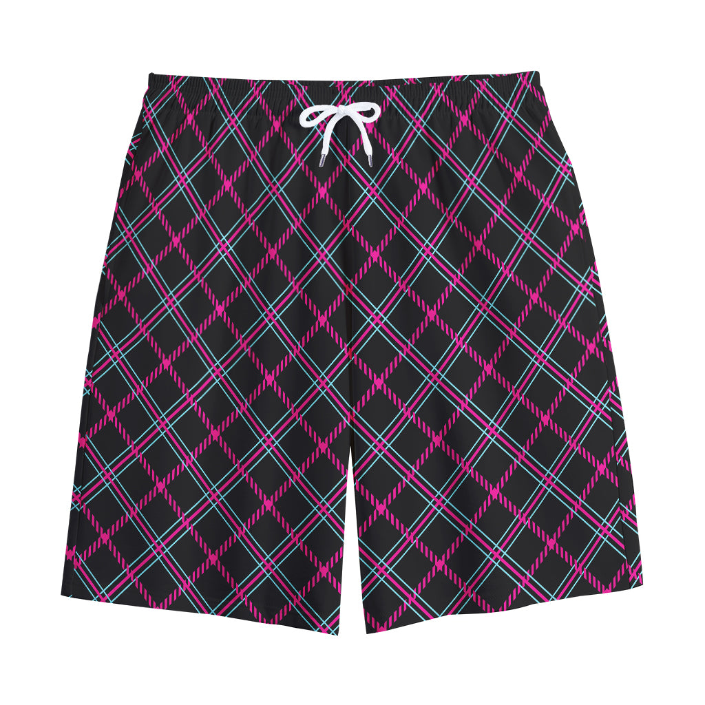 Black Pink And Blue Tartan Pattern Print Cotton Shorts