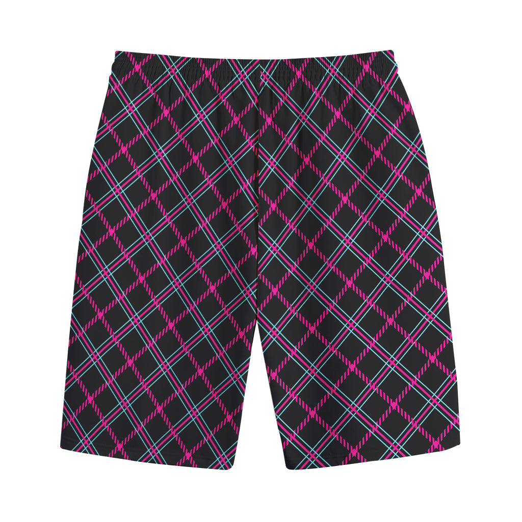Black Pink And Blue Tartan Pattern Print Cotton Shorts
