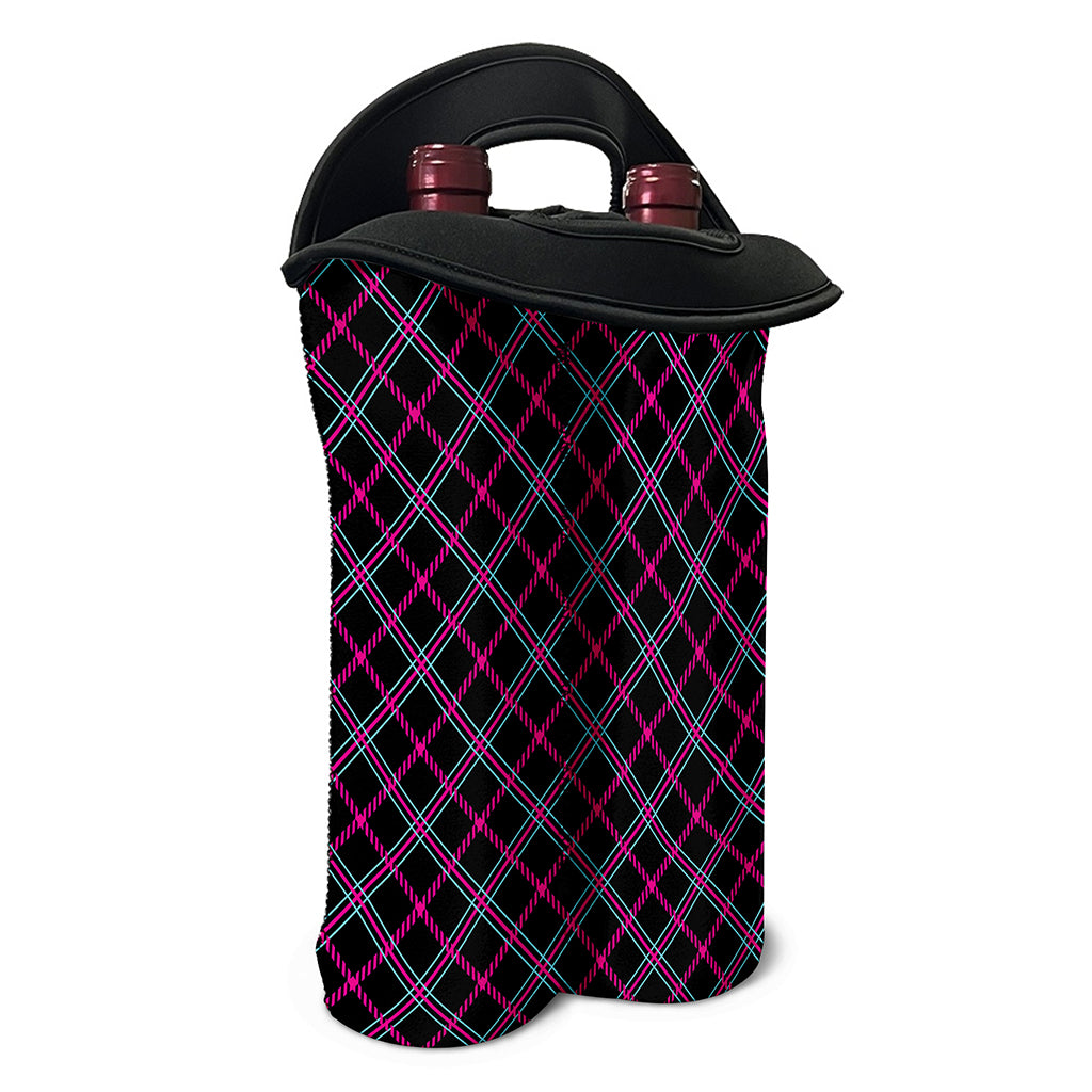 Black Pink And Blue Tartan Pattern Print Double Neoprene Wine Tote